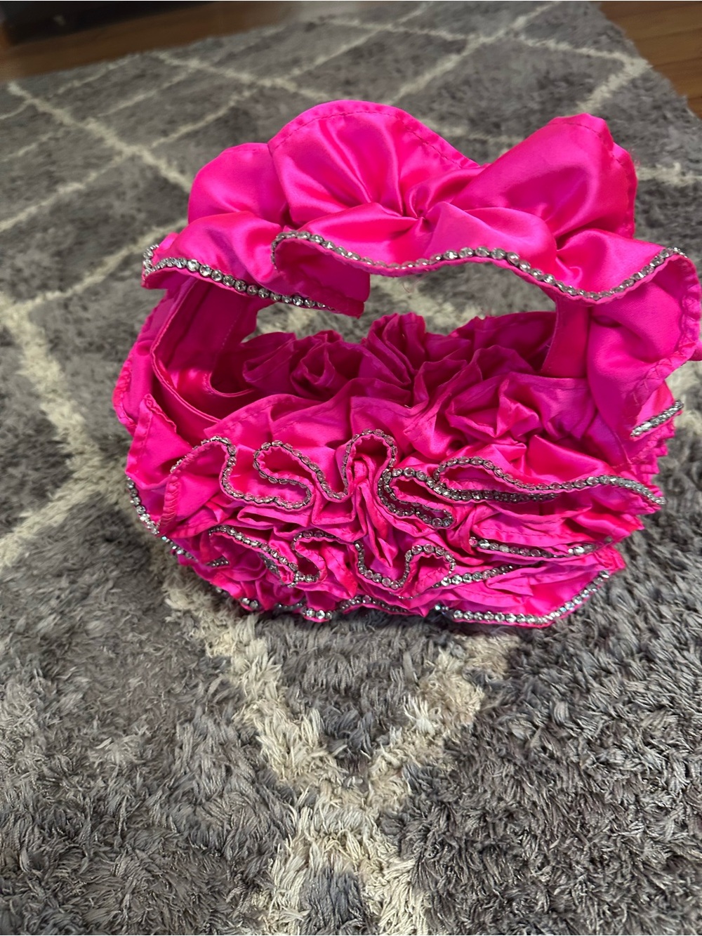 Betsey Johnson Hot Pink Ruffle Satin Wristlet Clutch with Rhinestone Trim